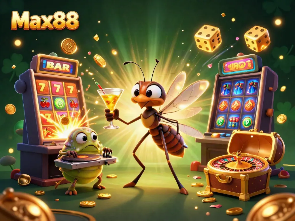 Experience thrilling games at Max88 with a lively casino scene featuring unique characters and jackpot excitement.