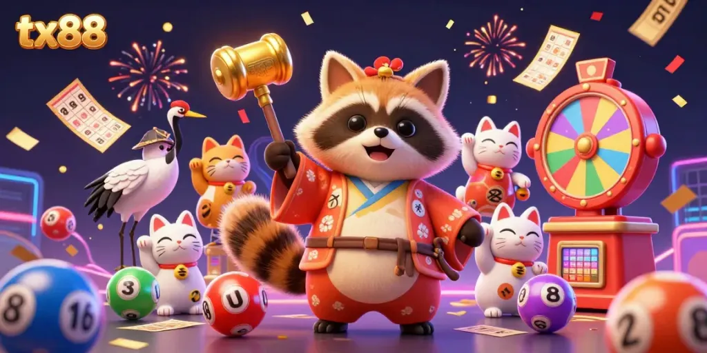 Experience excitement at tx88 with cute tanuki and colorful casino elements in this vibrant scene.