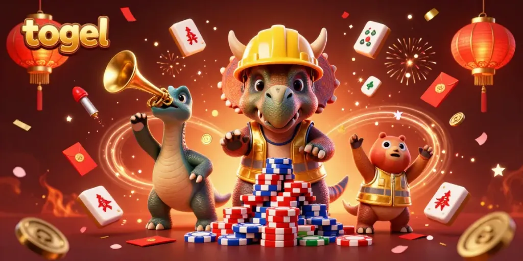 Permainan togel menampilkan triceratops dan parasaurolophus merayakan kemenangan dengan chip poker dan elemen kasino.
