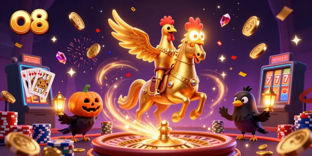 Experience the thrill of o8 with a golden rooster and spectral horse in a vibrant casino scene.