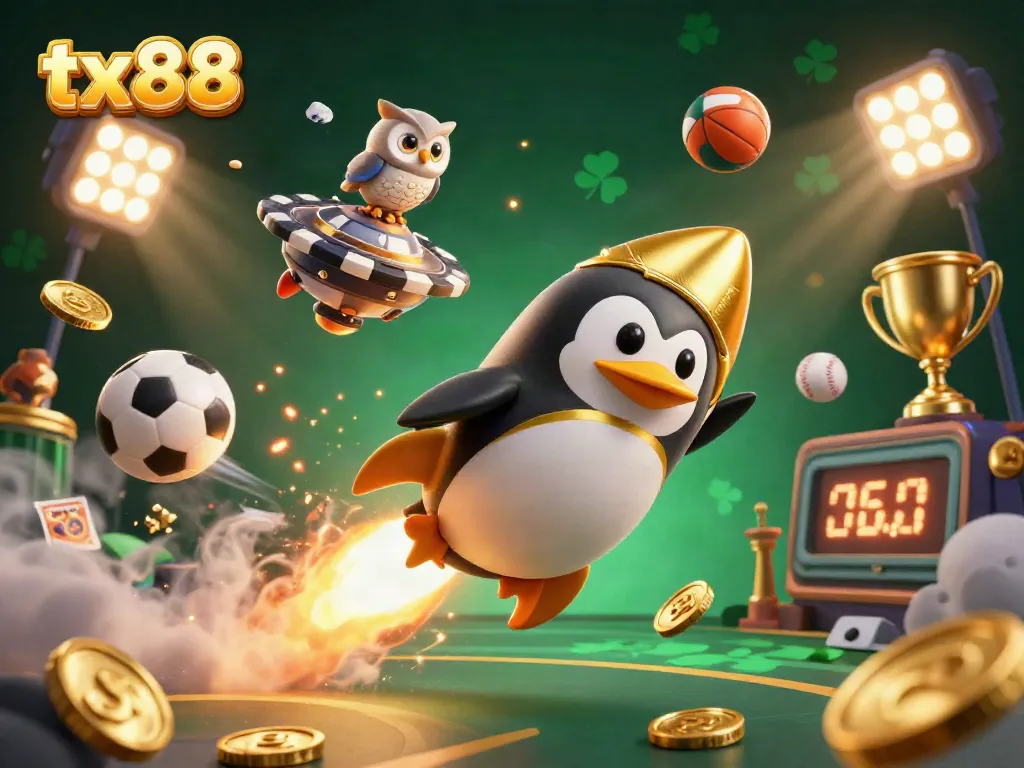 Bet on tx88 with a golden penguin racing towards a vibrant casino in space.