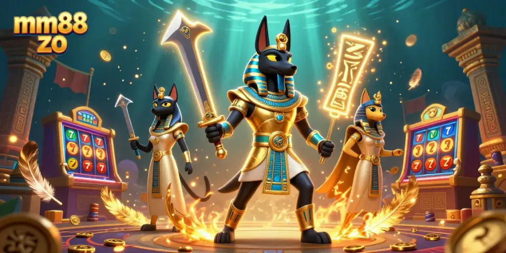 Engaging 3D scene depicting mm88 zo, featuring Anubis and Bastet in a dynamic casino atmosphere.