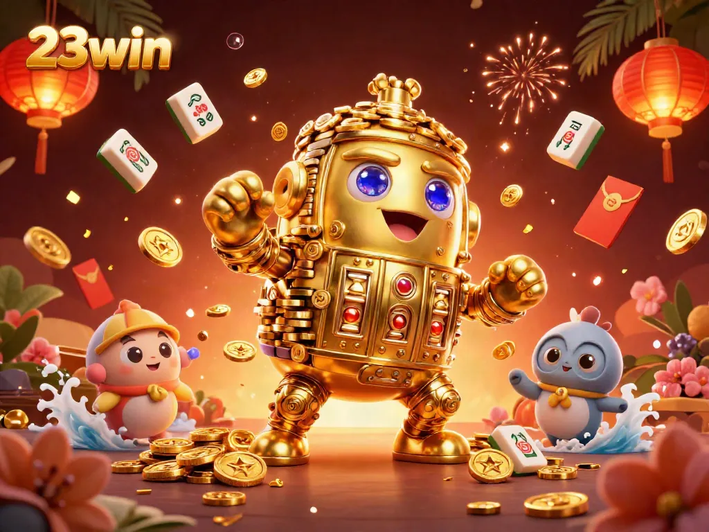 Experience the excitement of 23win with a vibrant casino scene featuring a golden golem and festive elements.
