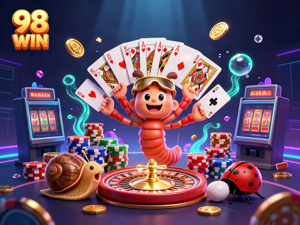 Experience the thrill of 98 WIN with colorful casino characters interacting amidst vibrant game elements.