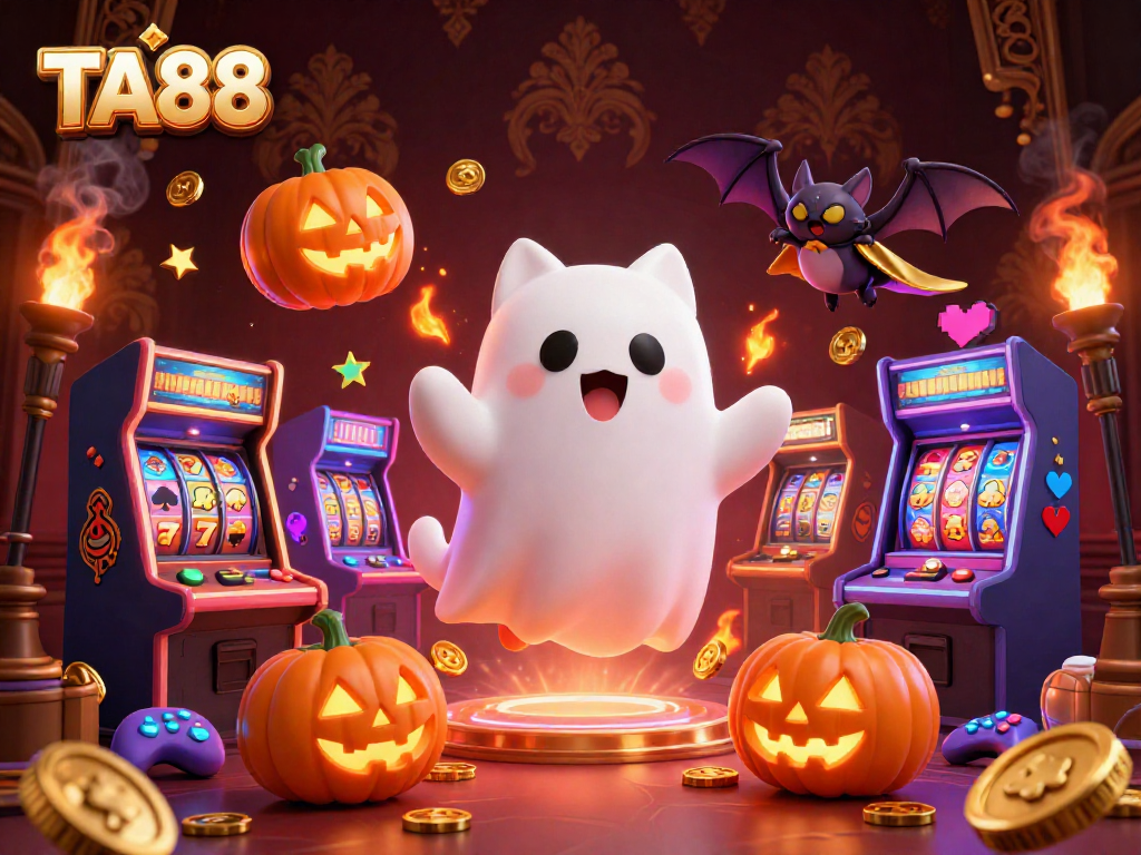 Engage with TA88's thrilling casino experience featuring a ghost cat and vibrant gaming elements.