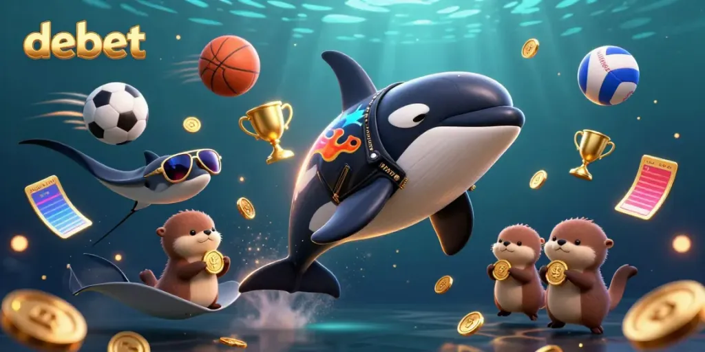 Experience vibrant gameplay with debet amidst animated sea creatures celebrating casino wins.