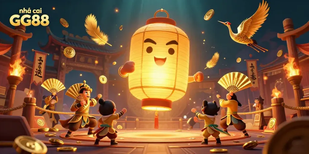 Experience gaming with nhà cái GG88 in a vibrant casino scene featuring golden lanterns, warriors, and lucky symbols.