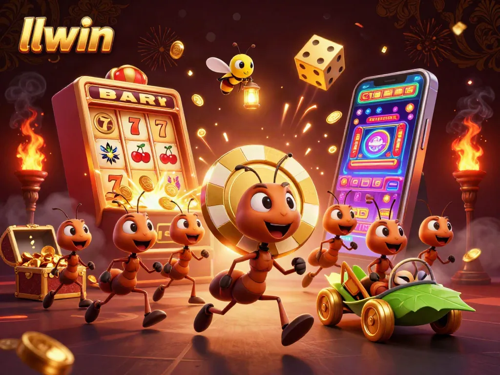 llwin casino heist illustration with ants, poker chip, and slot machines in action.