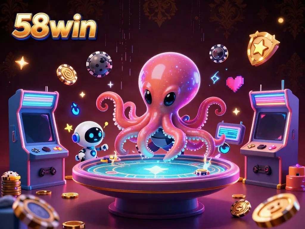 Experience the gaming excitement at 58win with an alien octopus and robot at a holographic poker table.