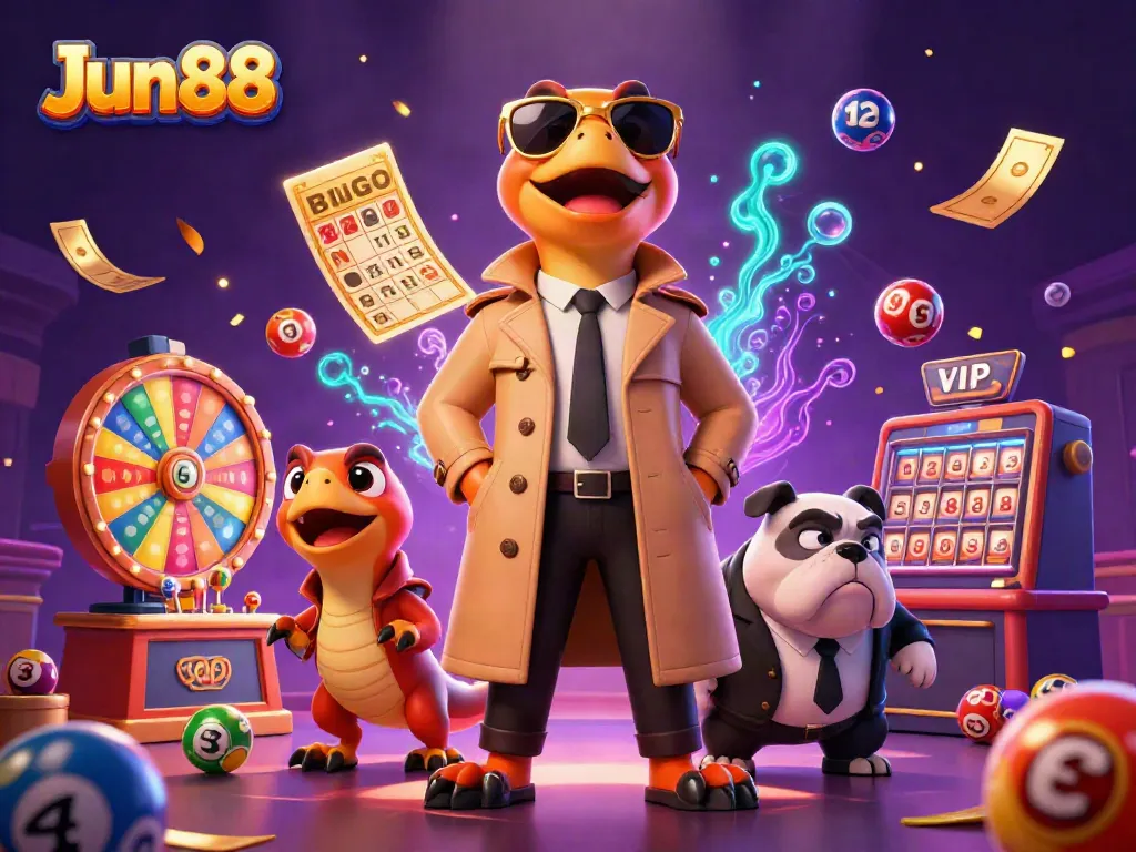 Experience thrilling gameplay at Jun88 with cartoon raptors in a trench coat at a VIP casino lounge