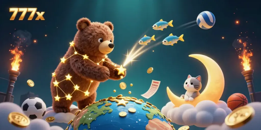 Engage in winning strategies with the dynamic 777x casino atmosphere featuring golden star characters.