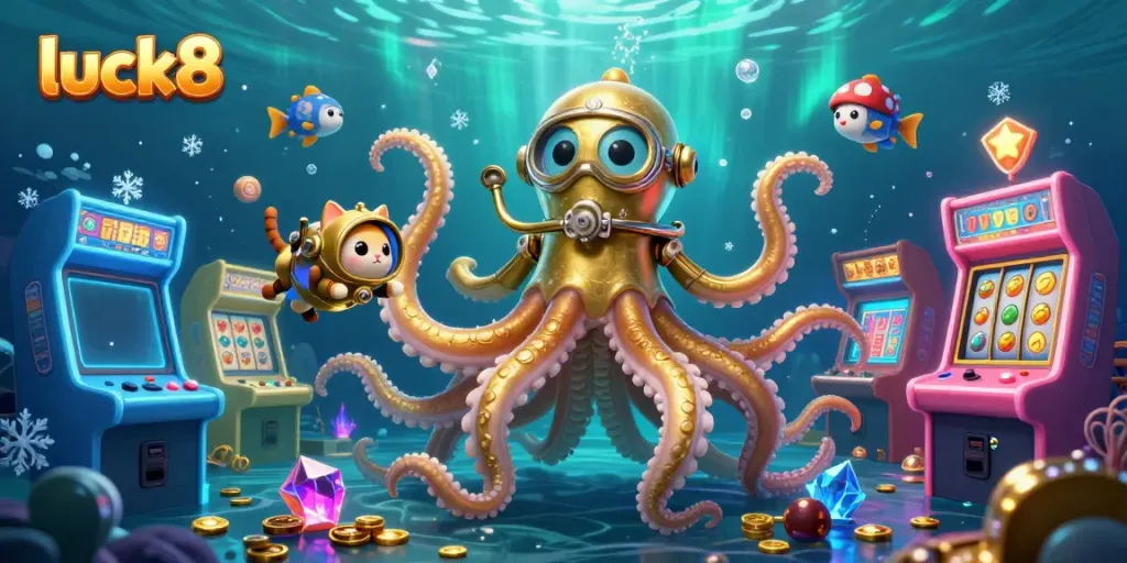 Experience the luck8 excitement with a kraken, diving cat, and vibrant casino elements.