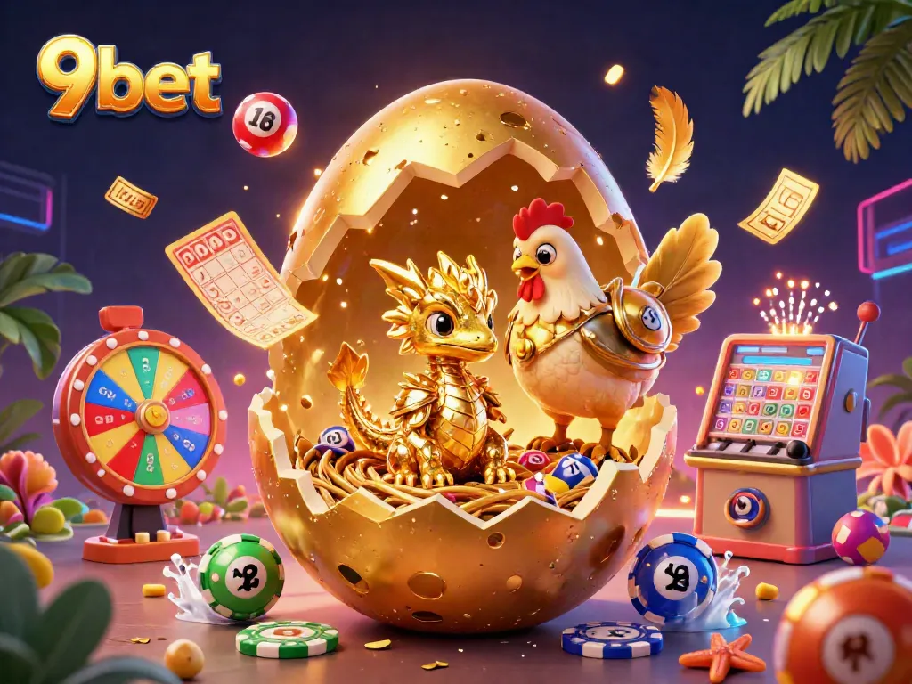 Join the excitement of 9bet with a golden dragon and vibrant casino elements in a dynamic scene.