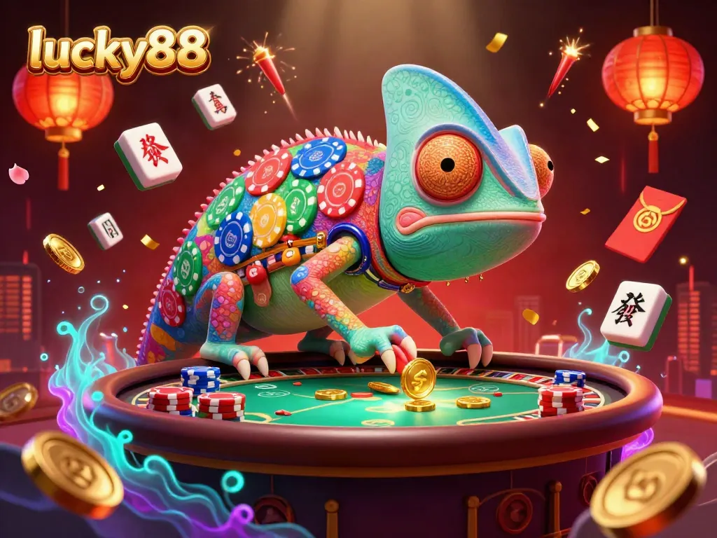 Experience the excitement of lucky88 with a vibrant casino scene featuring a colorful chameleon owner.