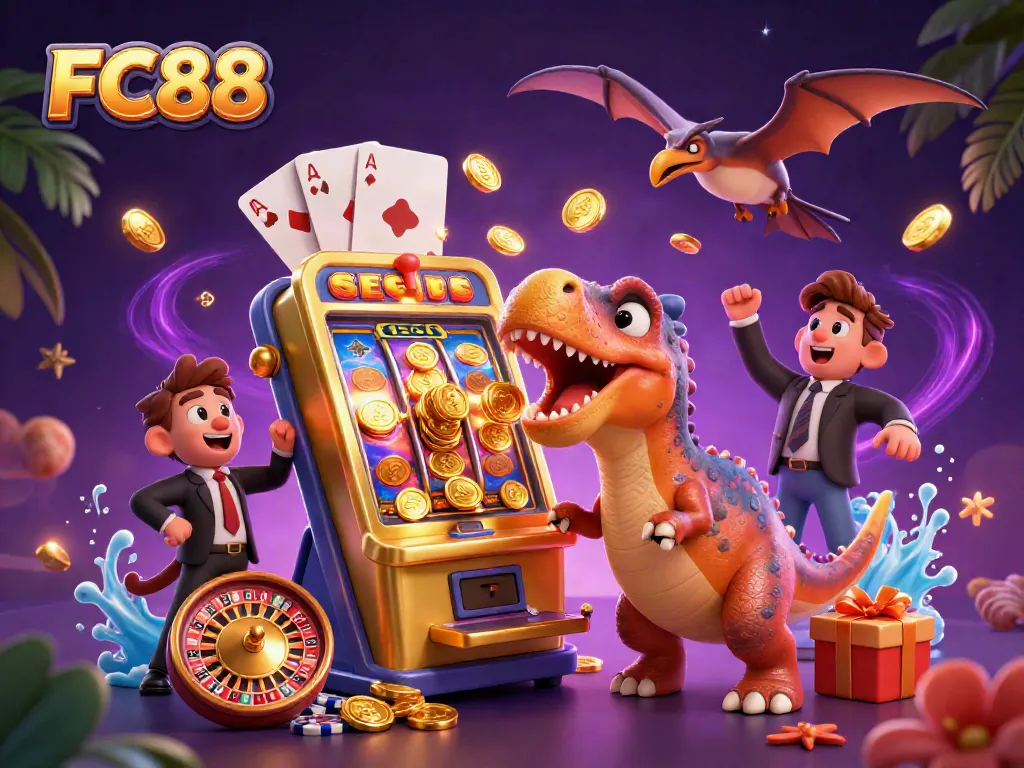 FC88 slots come alive as a pachycephalosaurus wins jackpots, with vibrant casino elements.
