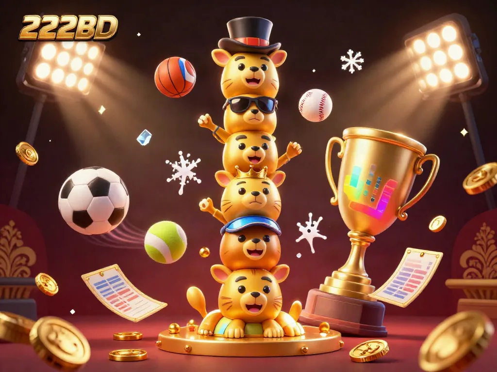 Experience thrilling action with 222BD in this dynamic 3D casino scene featuring vibrant characters and sports elements.