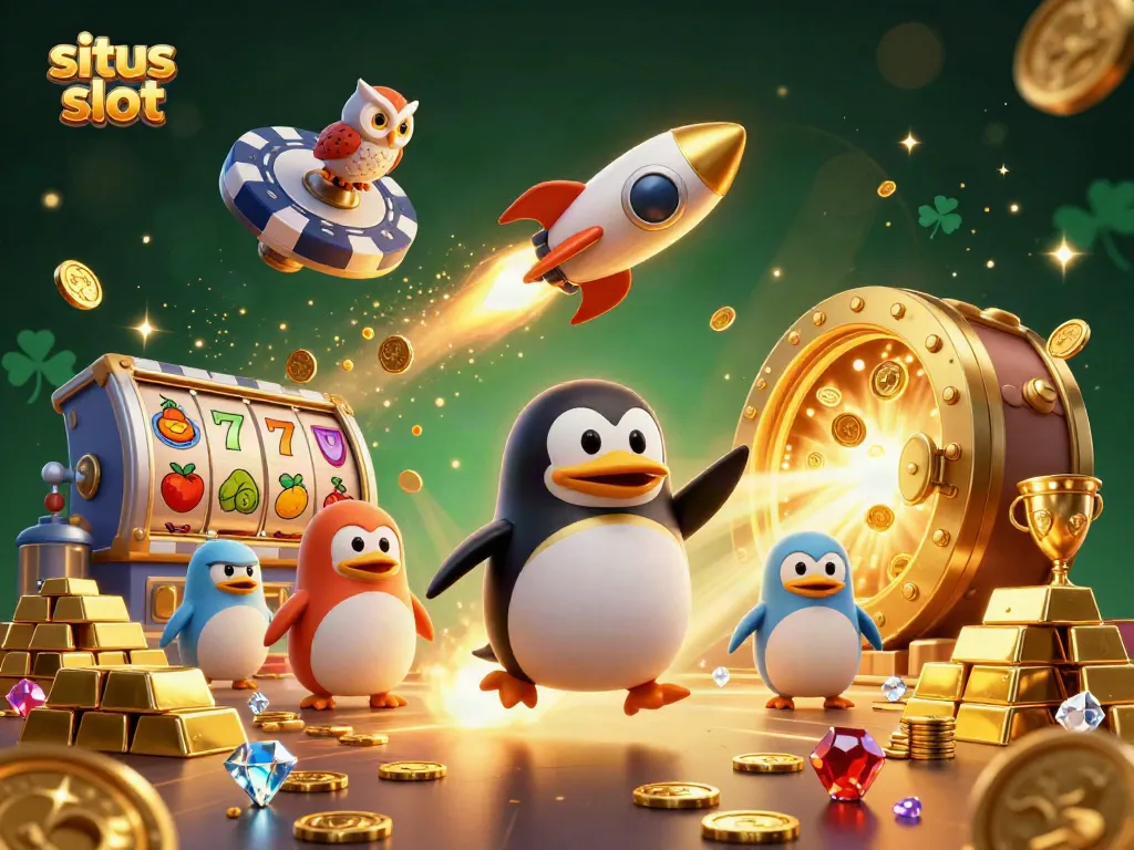 Situs slot themed illustration showcasing a golden penguin and lucky symbols in a vibrant casino space