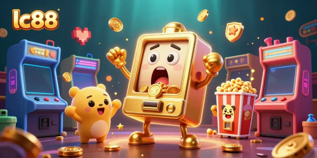 Celebrate a lc88 jackpot win with a lively cartoon slot machine, coins flying, and cheering smaller machines.