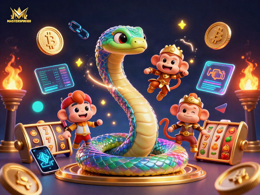 Engage with MASTERSPIN188's thrilling casino adventure, showcasing a vibrant 3D illustration with slots and crypto elements.