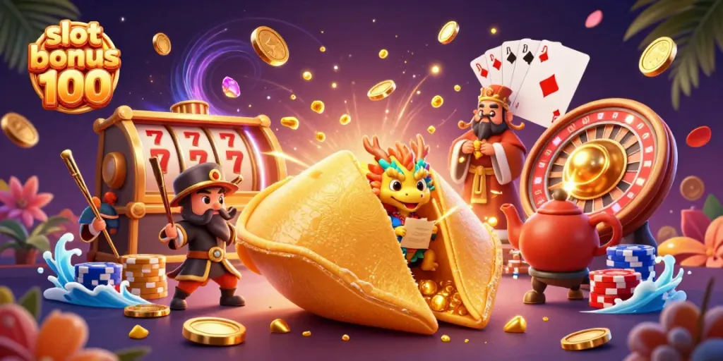 Experience excitement in this scene depicting slot bonus 100 with dynamic characters and vibrant casino elements.