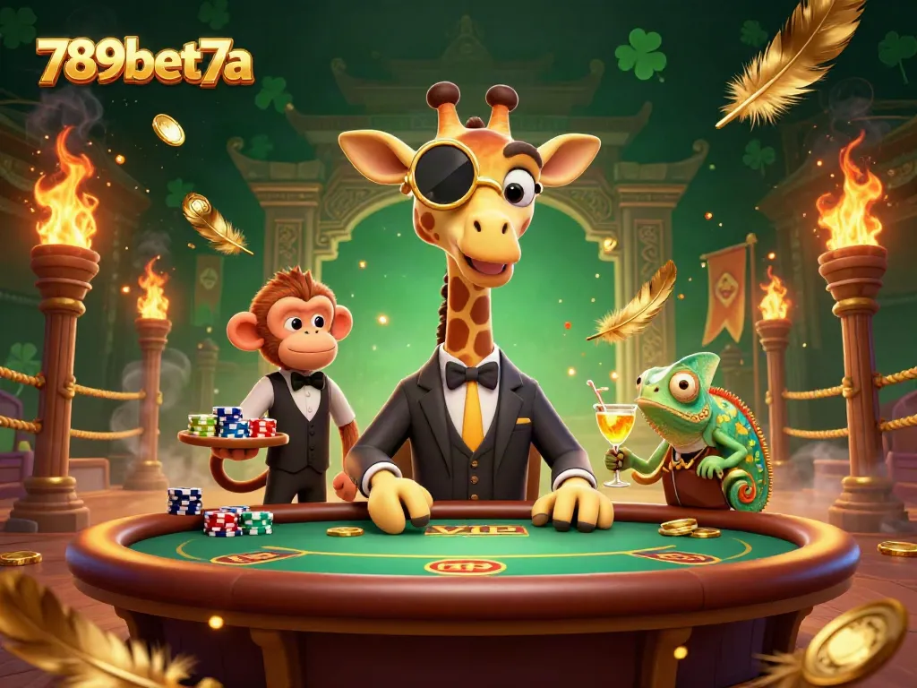 Experience thrilling gaming with 789bet7a's vibrant casino scene featuring a high-roller giraffe and playful characters.