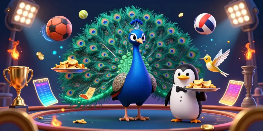 Engage with safew in a vibrant casino scene featuring a peacock and sports betting elements.