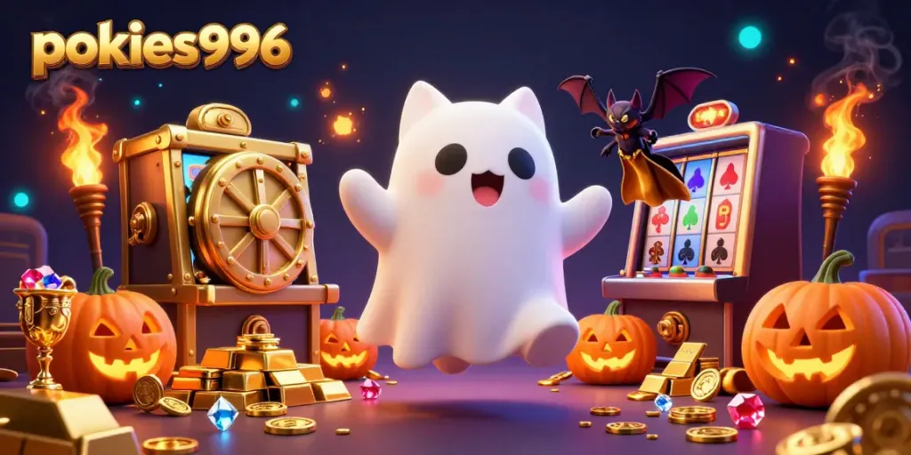 Experience immersive gaming and free credits at pokies996 with a dynamic casino scene featuring playful characters.