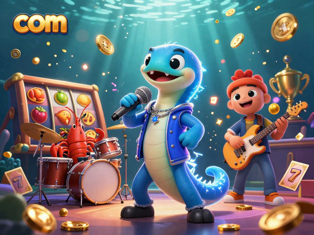 Engage with com in this colorful underwater casino scene featuring an electric eel DJ, slot reels, and dynamic game elements.