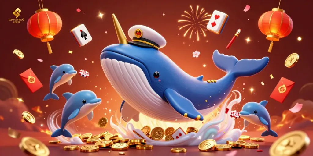 Experience fun cá độ bóng đá online with a cartoon whale and dolphin in a vibrant 3D illustration.