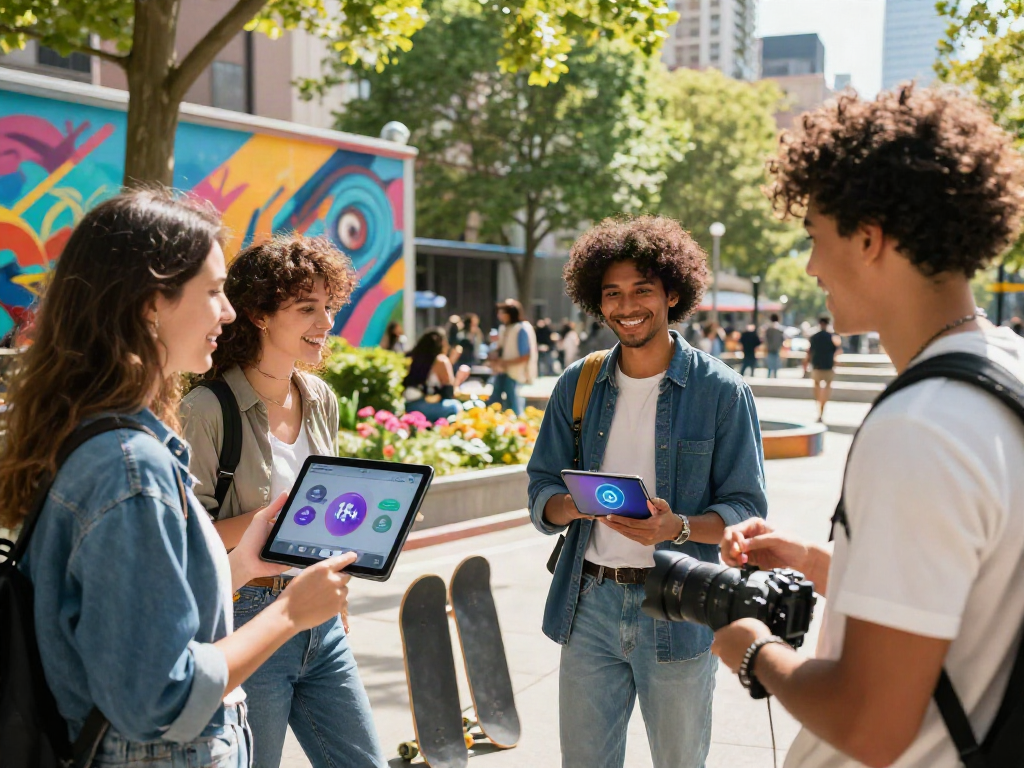 Young adults exploring 18+ ai technology in a vibrant urban setting
