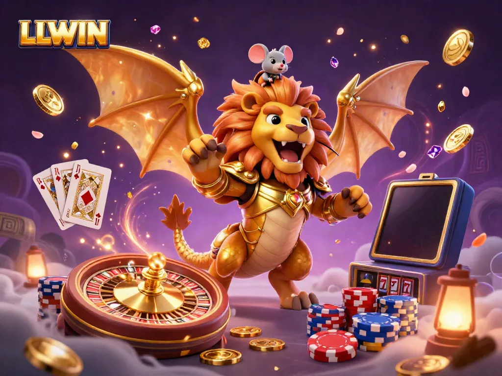 Engage in thrilling gameplay at LLWIN, featuring a whimsical chimera amidst cascading coins and vibrant gambling elements.