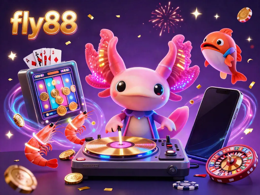 Experience the vibrant world of fly88 with a neon axolotl DJ spinning and energetic sea creatures celebrating in a dynamic casino scene.