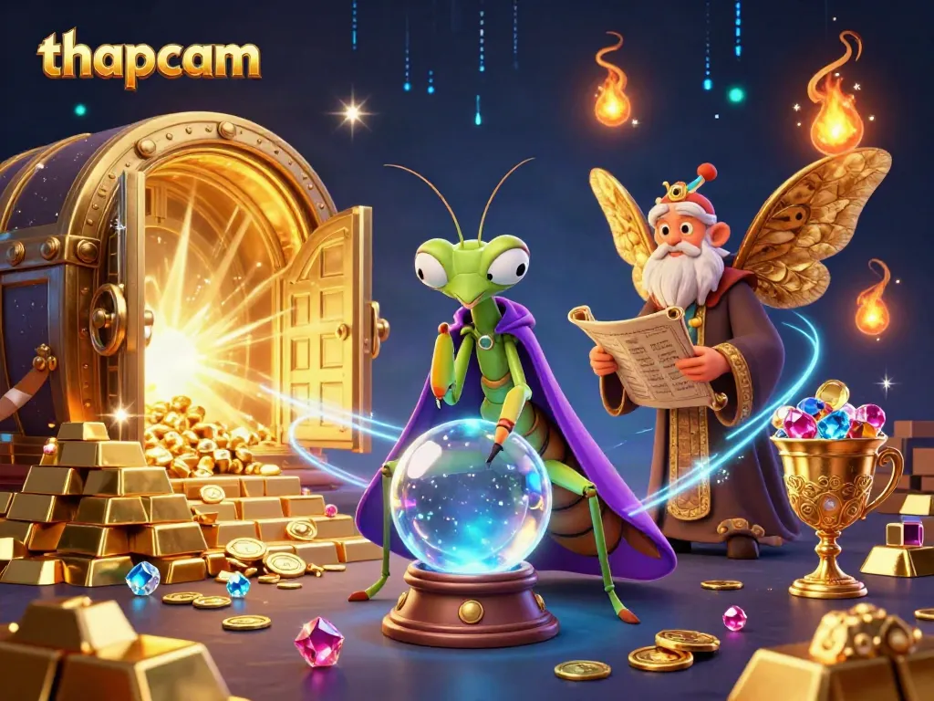 Engage with thapcam's vibrant casino illustration featuring magical elements and treasure.