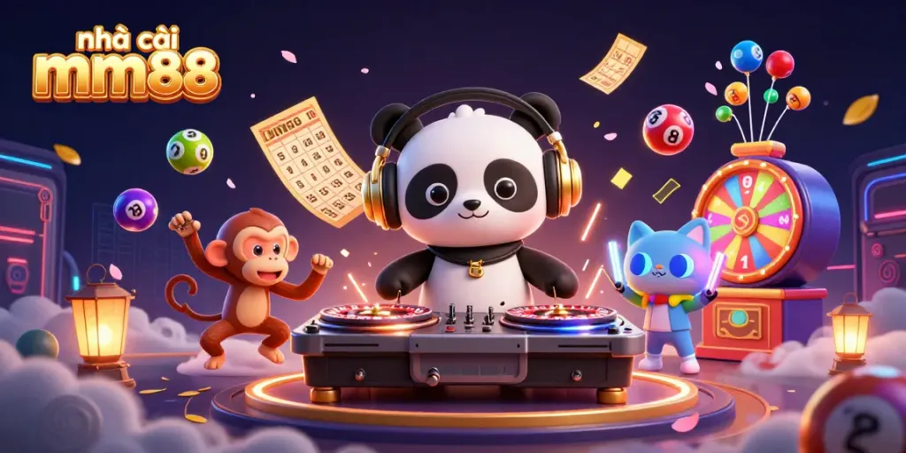 Engage with nhà cái mm88 through vibrant games and fun characters in a dynamic 3D casino scene.