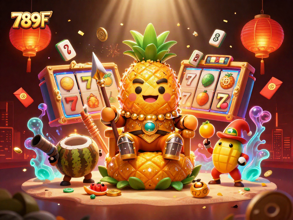 Experience thrilling action at 789 F casino, featuring a vibrant digital scene with the golden pineapple king and dynamic gaming elements.