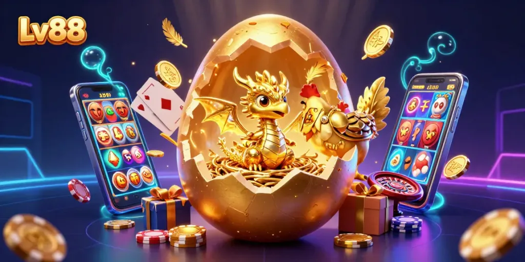 Experience thrilling gaming at Lv88 with a magnificent golden dragon atop poker chips, enhancing your casino adventure.
