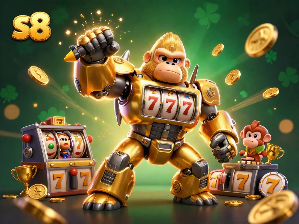 S8 transforms gameplay with an explosive golden gorilla mech and slot reels amidst coins