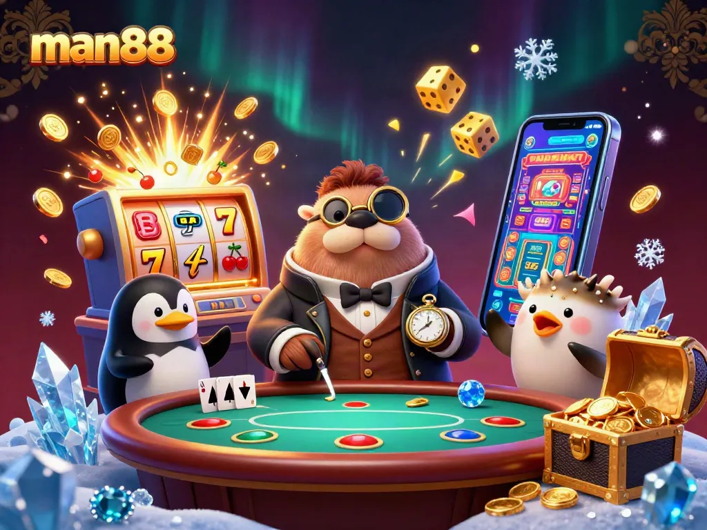 Experience man88's thrilling underwater poker adventure with a witty walrus, sophisticated penguin dealer, and a bluffing pufferfish.