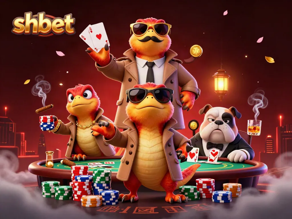 Raptors disguised as a tall man entering VIP casino, surrounded by poker elements, showcasing shbet.