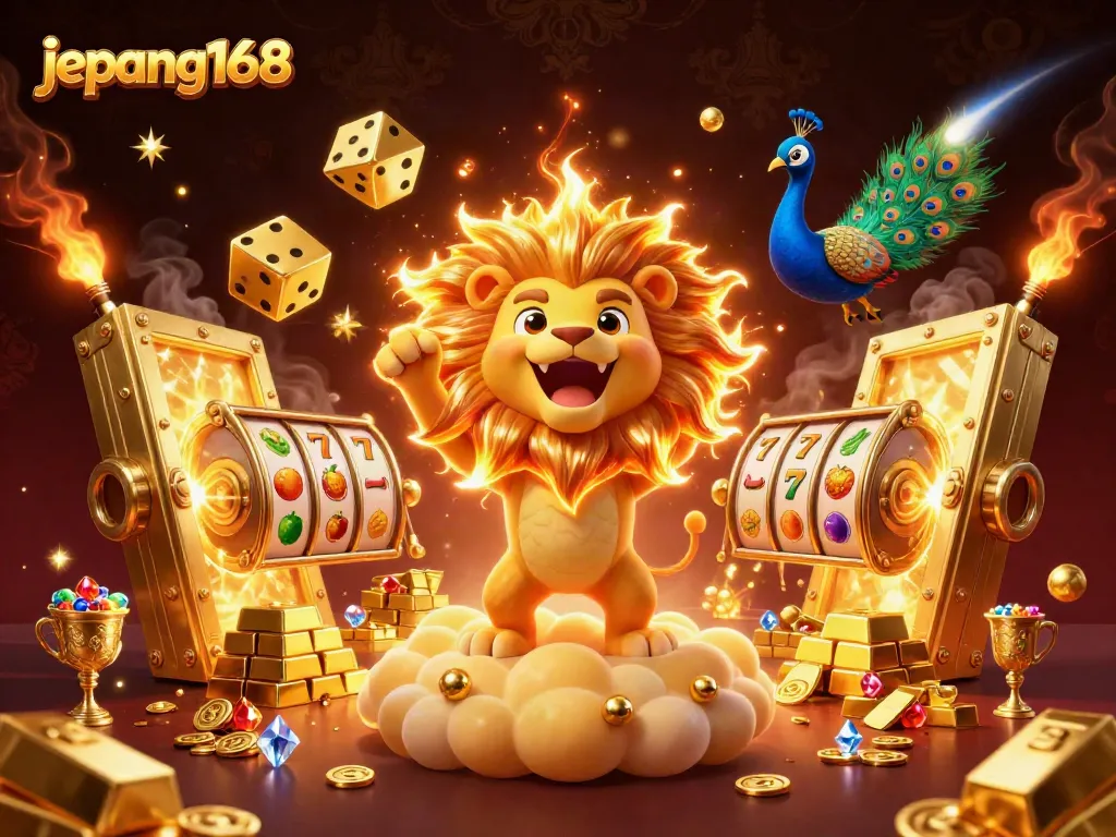 Engage with the thrilling jepang168 gaming scene featuring a vibrant sun lion, winning symbols, and treasures.