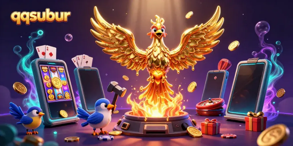Experience the excitement of qqsubur as molten gold pours from a phoenix, surrounded by vibrant gaming elements.