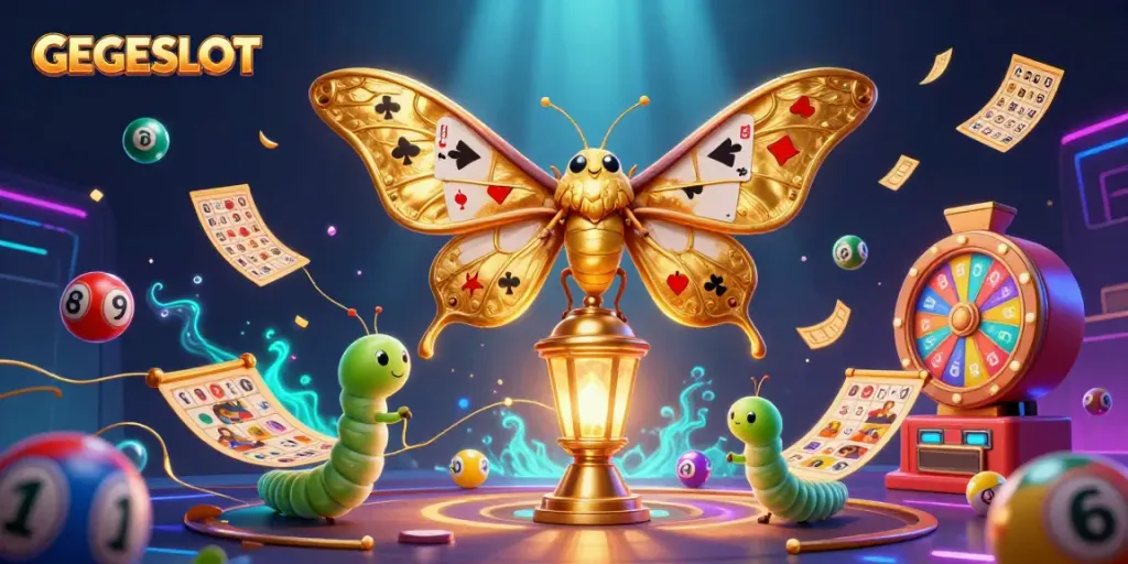 Experience GEGESLOT excitement with this vibrant casino-themed 3D scene featuring dynamic lottery elements.