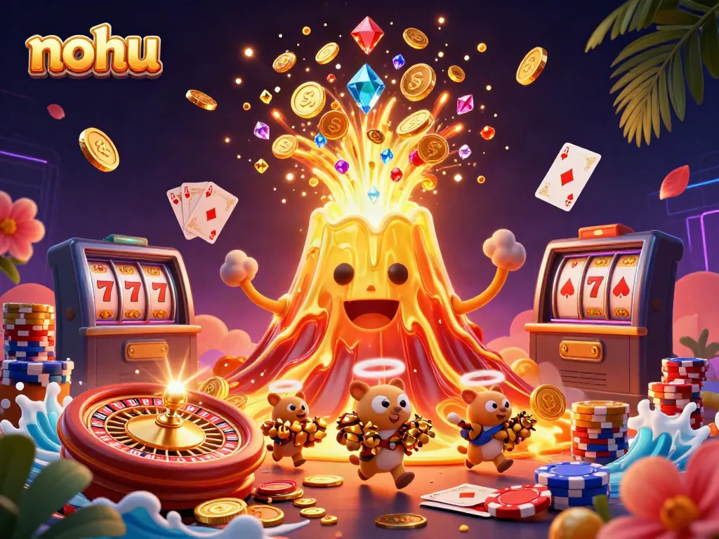 Nohu's vibrant gaming scene showcases a golden volcano erupting treasure, surrounded by casino elements and playful charm.