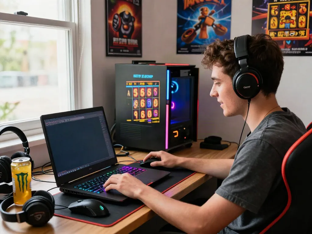 Player immersed in an exciting online slot game, surrounded by gaming accessories in a cozy nook.