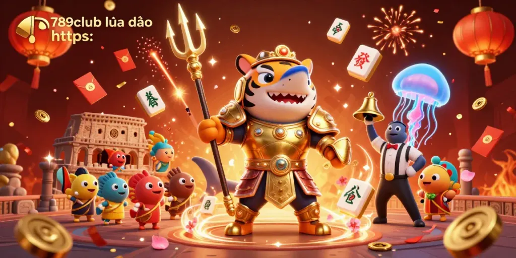 Experience the 789club lừa đảo https: scene with a ferocious tiger shark in golden armor amidst festive casino symbols.