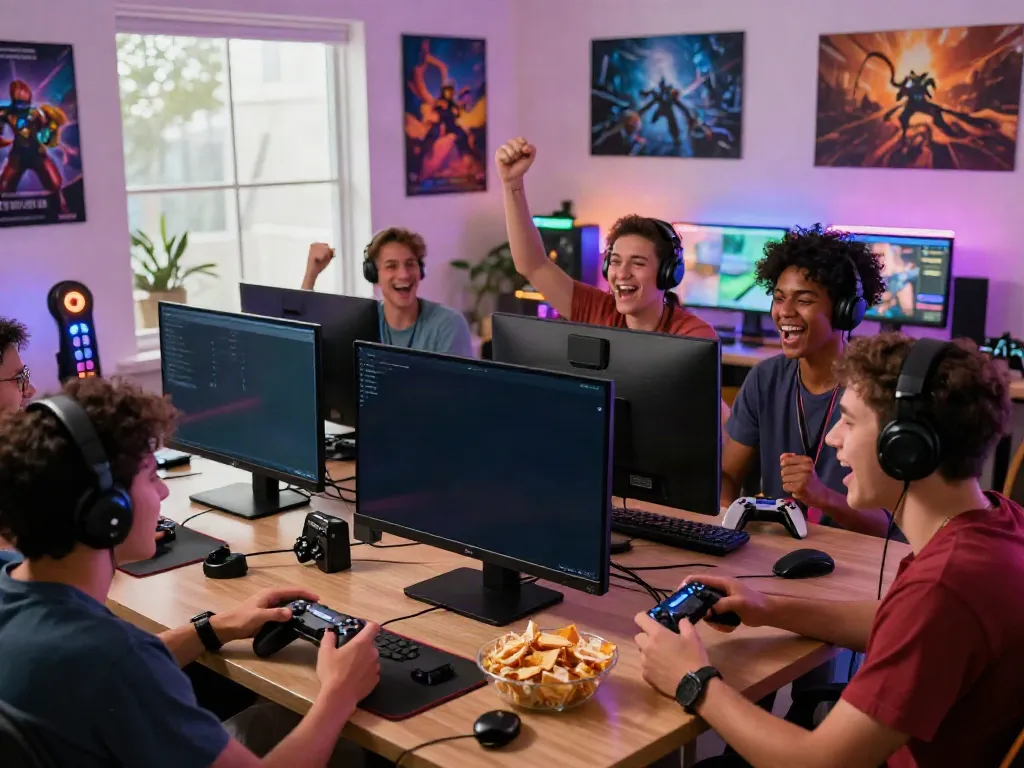 Engaging group gaming session on kilat404 with friends, showcasing vibrant interactions and gaming excitement.