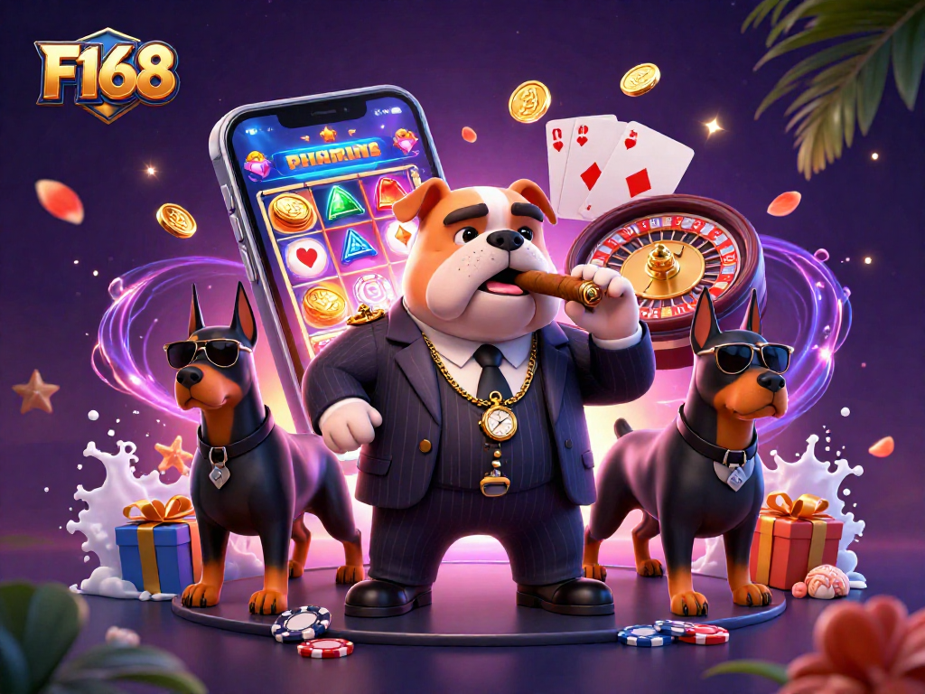 F168's dynamic 3D scene showcases a mafia bulldog and Doberman bodyguards amid slot game elements.