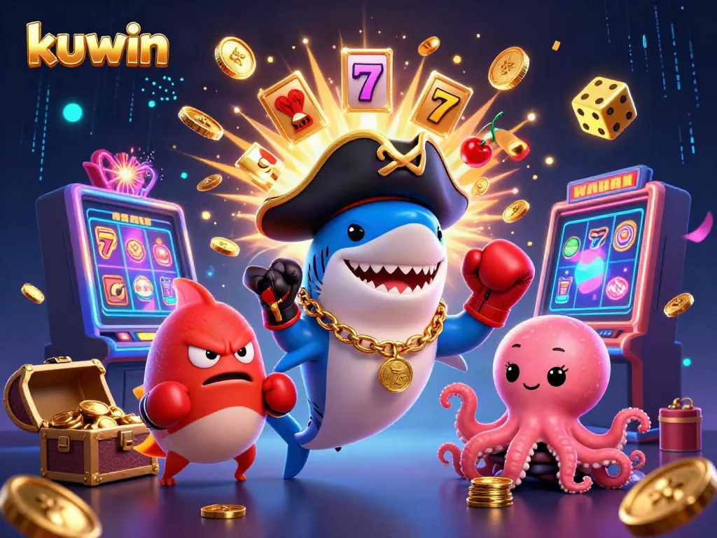 Kuwin's exciting gaming landscape features a pirate shark, pufferfish, and octopus celebrating casino wins.