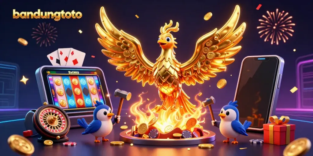 Experience excitement with bandungtoto: golden phoenix and gaming elements in a vibrant 3D scene.
