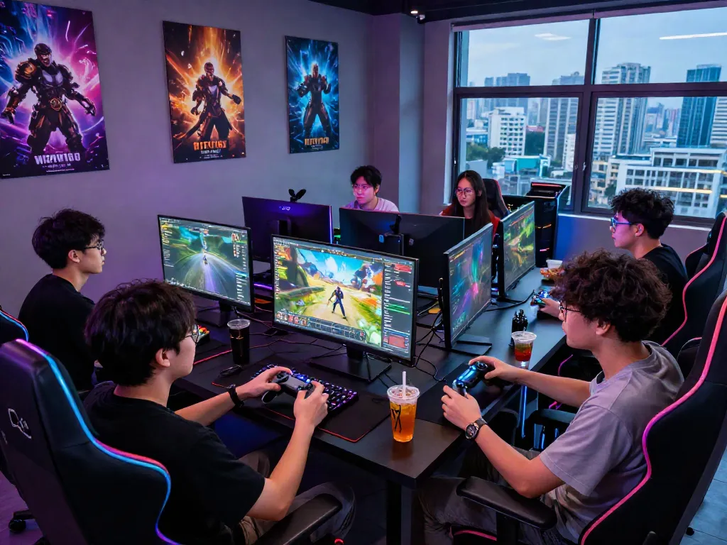Friends gaming together at a high-tech setup featuring warung168, showcasing vibrant graphics and an electrifying atmosphere.